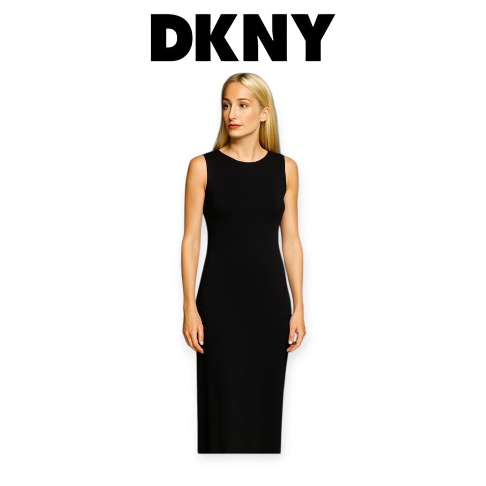 Vintage 1990s DKNY Midnight Navy Column Midi Dress Minimalist CBK Style NYC Chic